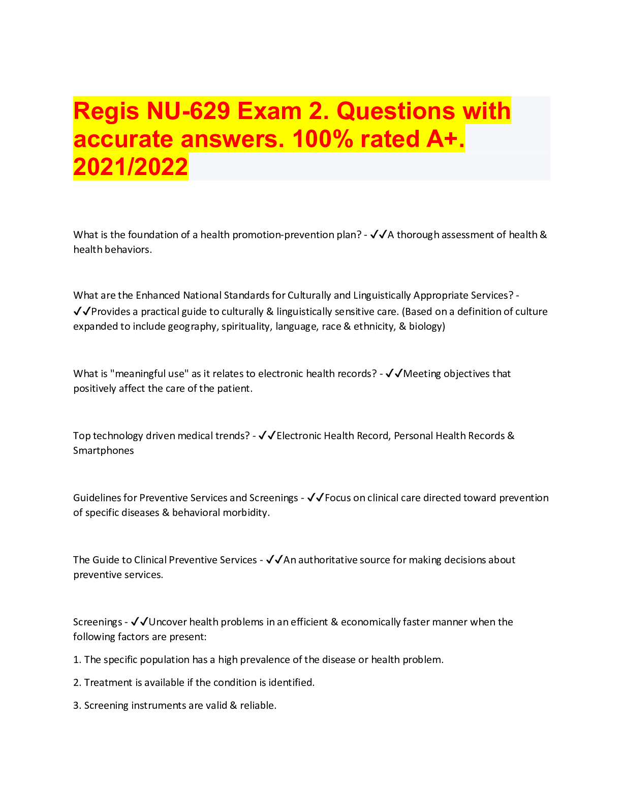Preview of Regis NU-629 Exam 2. Questions with accurate answers. 100% rated A+. 2021/2022